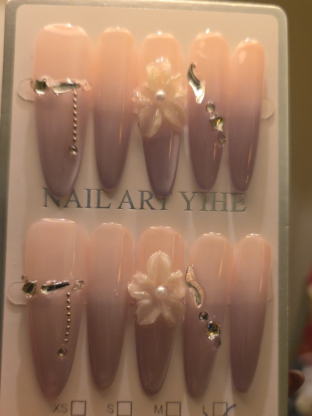 Pink Ombre Press-On Nails with Pearl Flower Accent Size Large
